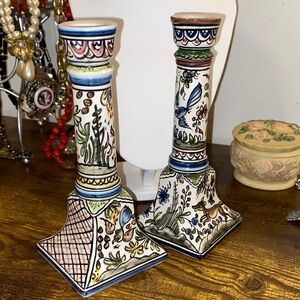 PAIR Vintage Portugal Ceramic Hand Painted Candlestick 6.75” tall